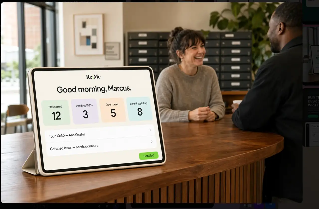 ReMe front desk tablet on a reception counter greeting a member by name, showing mail sorted, pending USPS 1583s, open tasks and awaiting pickup