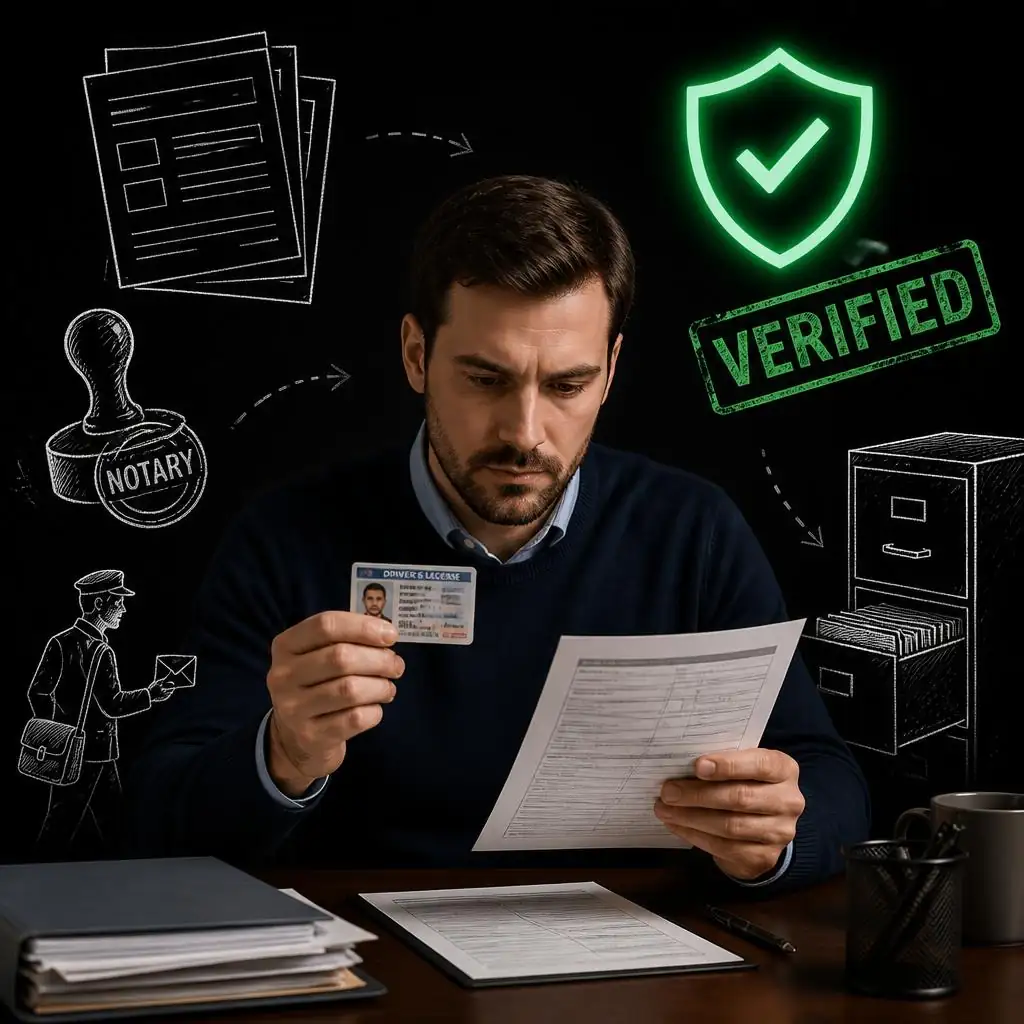 Operator verifying a photo ID against a USPS Form 1583 for CMRA compliance
