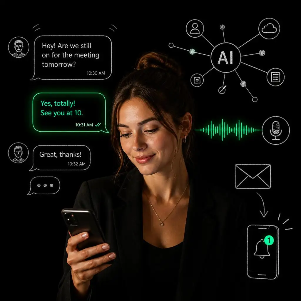 Member reading an AI text alert about new mail from a virtual office provider