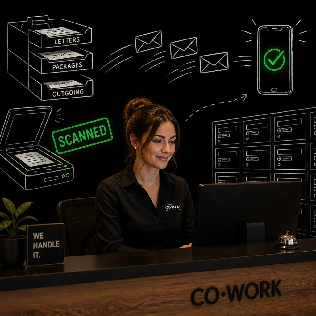 Coworking receptionist scanning member mail at the front desk with mailbox operator software