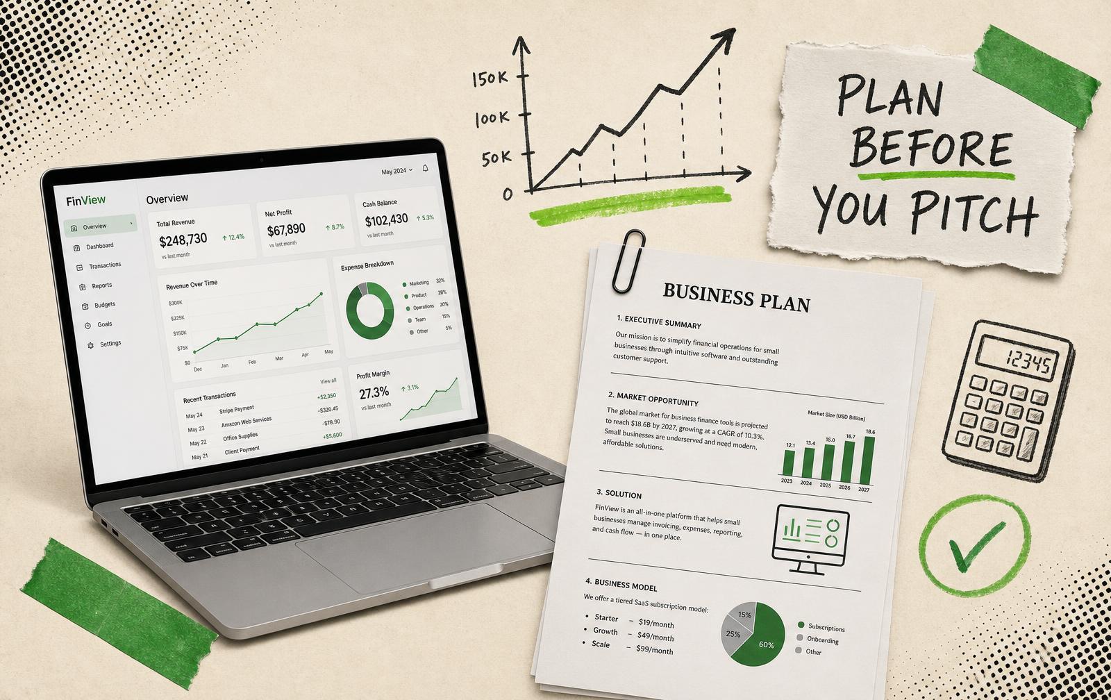 Laptop with financial dashboard next to a printed business plan, paper clip, and hand-drawn rising graph