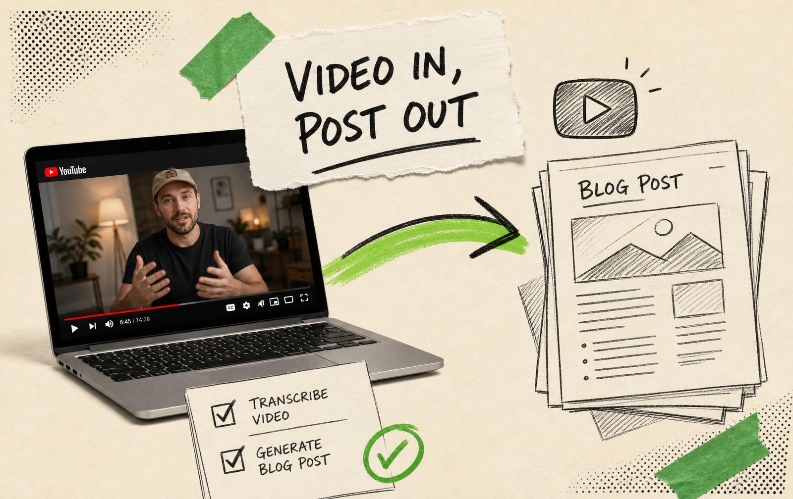 Laptop with a video player and a hand-drawn arrow flowing into sketched blog pages on warm cream paper