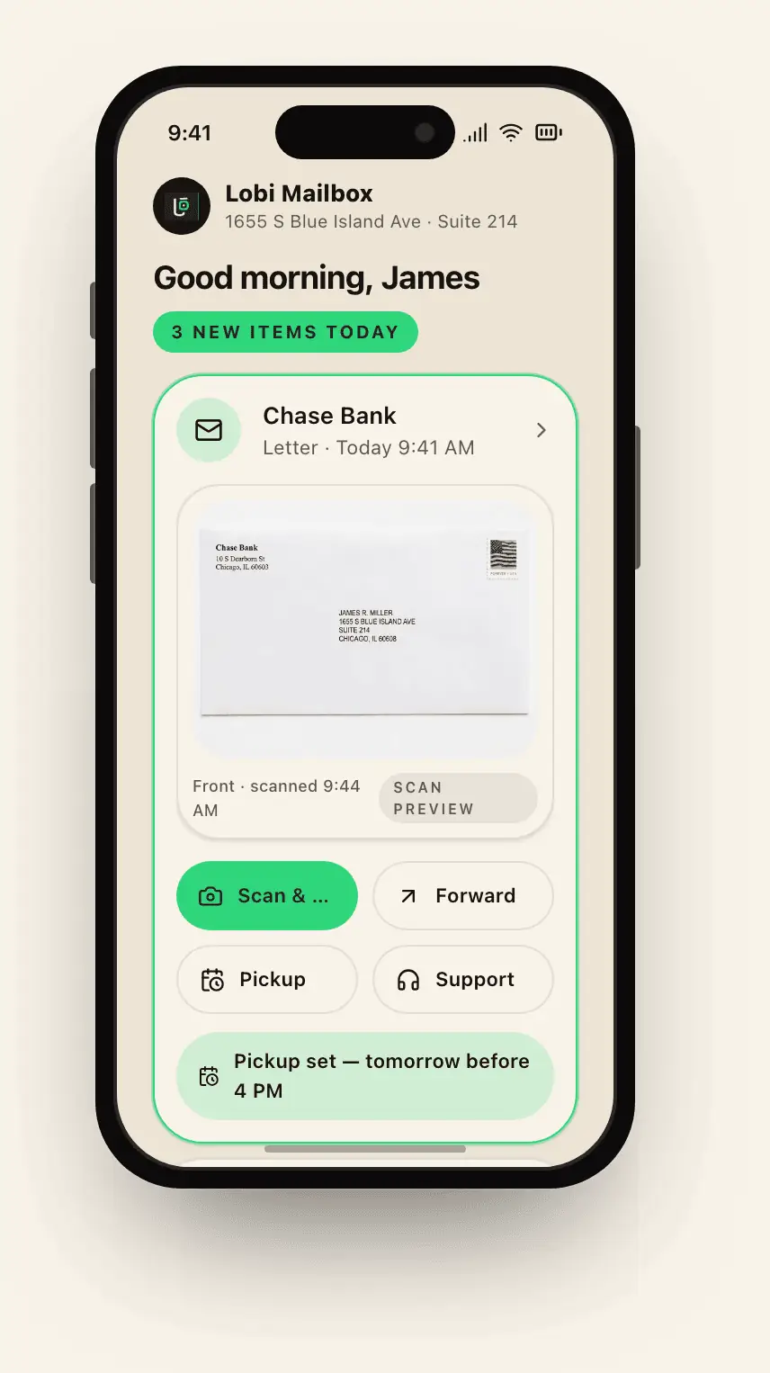 Lobi Mailbox app showing a scanned mail item
