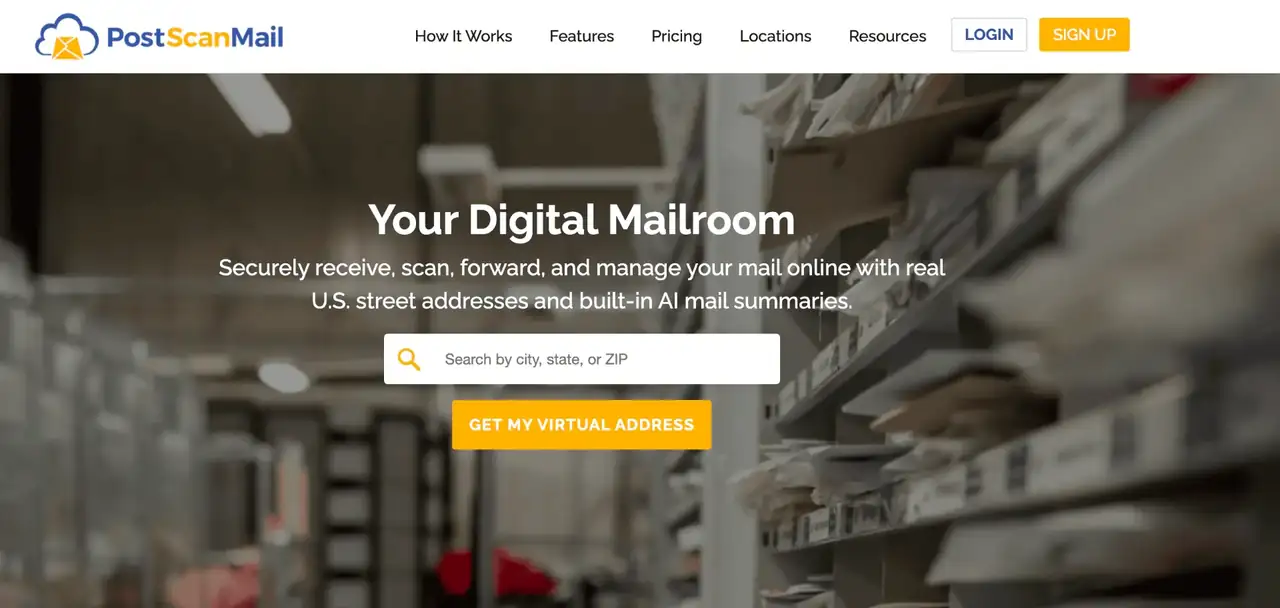 PostScan Mail digital mailroom homepage showing virtual address search and mail management features