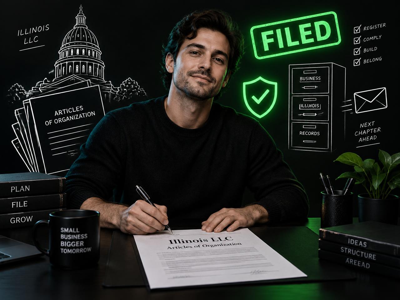 Business owner signing Illinois LLC Articles of Organization at Lobi Space