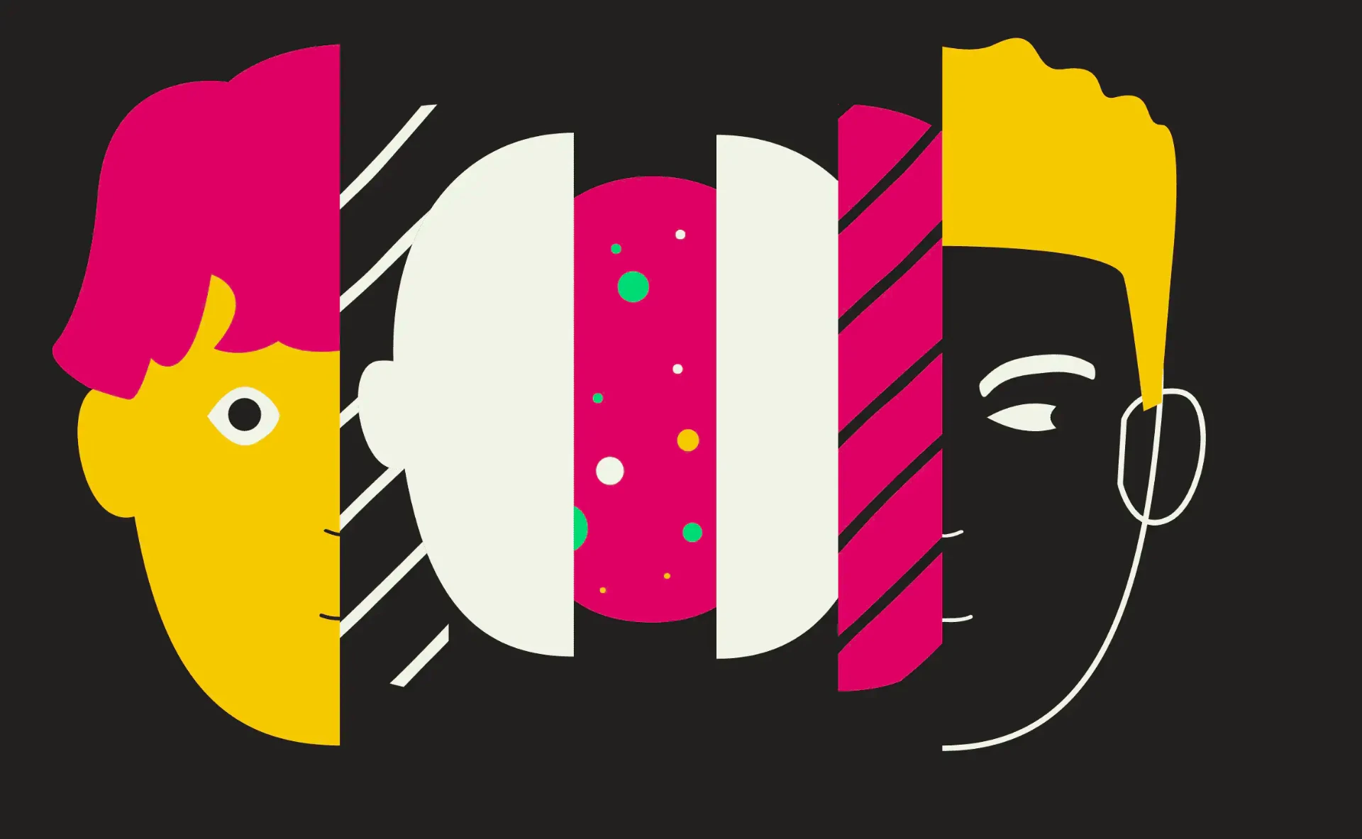 Two illustrated business owners facing each other through the colorful Lobi identity