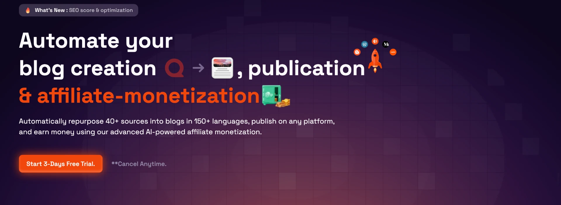 Blogify AI automation platform interface showing blog creation, publication and affiliate monetization workflow