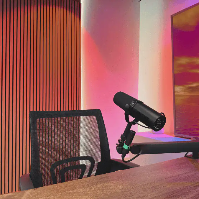 Broadcast microphone on a boom arm against acoustic panels in the Lobi Space podcast room