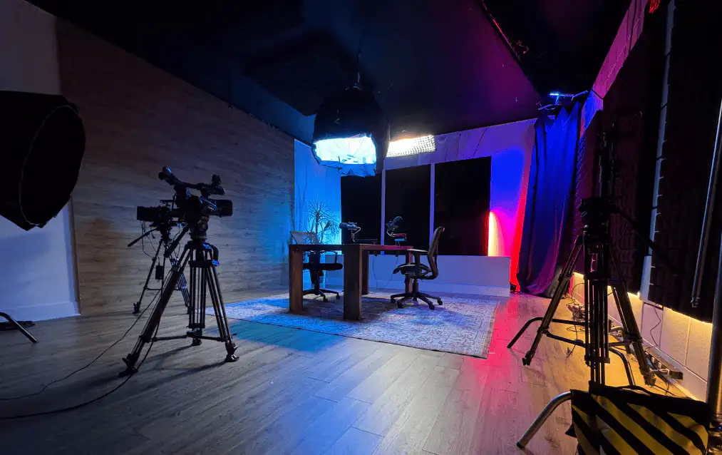 Podcast studio with cameras, lights and recording table at Lobi Space Chicago