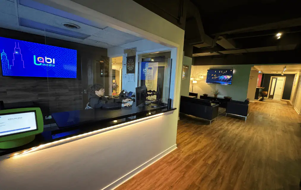 Front desk and lobby lounge at Lobi Space in Chicago