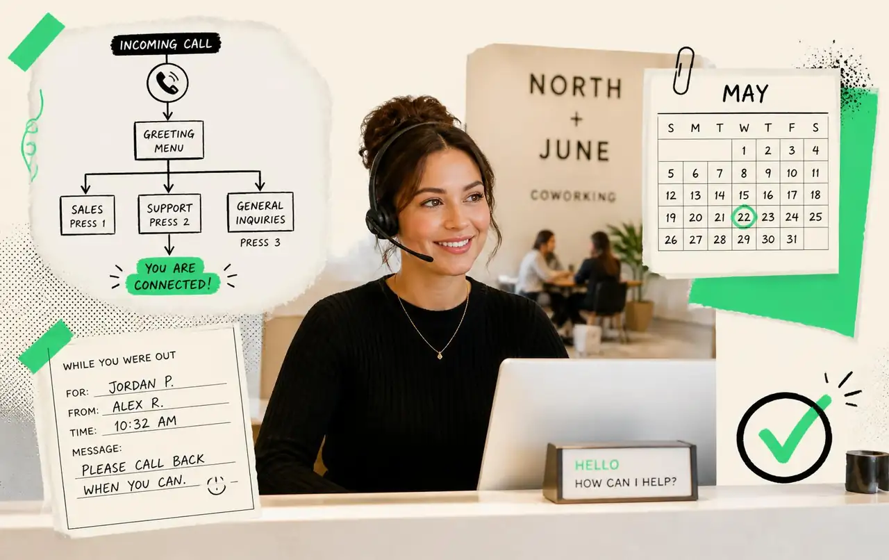 Receptionist wearing a headset answering business calls at a coworking front desk