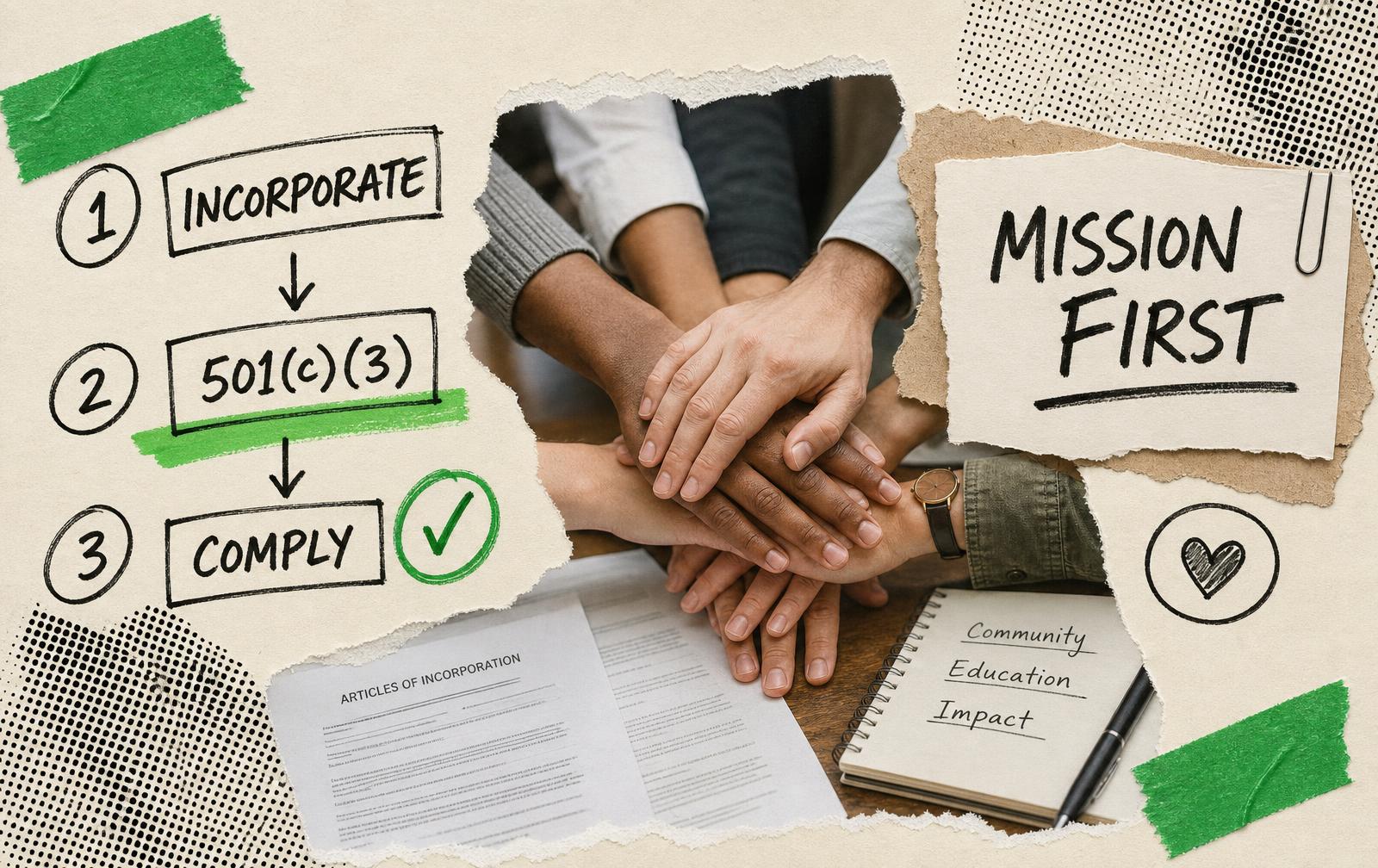 Hands of nonprofit founders stacked over incorporation documents with a sketched incorporate-501c3-comply workflow