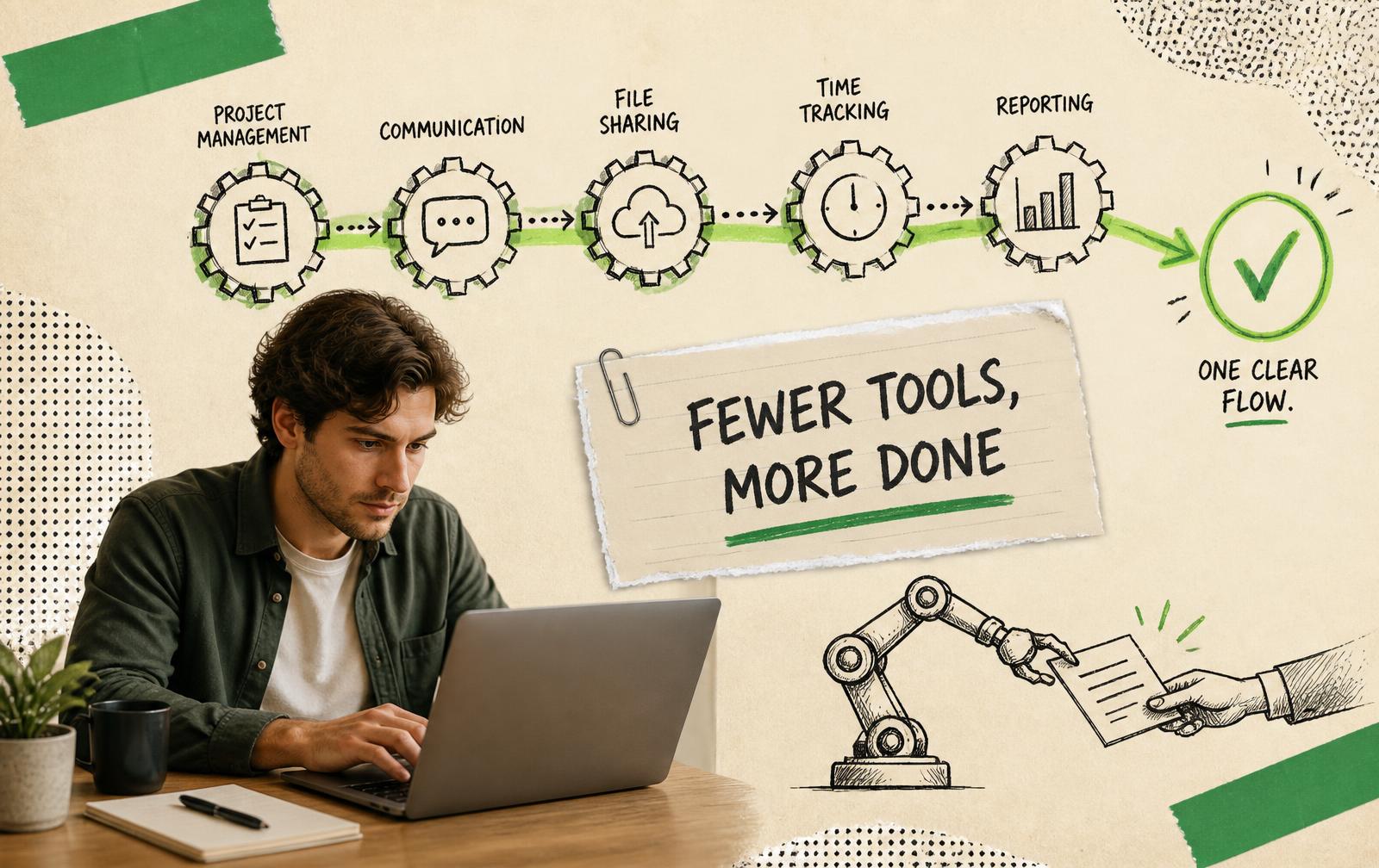 Founder at a laptop beside hand-drawn gears flowing into one tidy workflow with a note reading fewer tools, more done