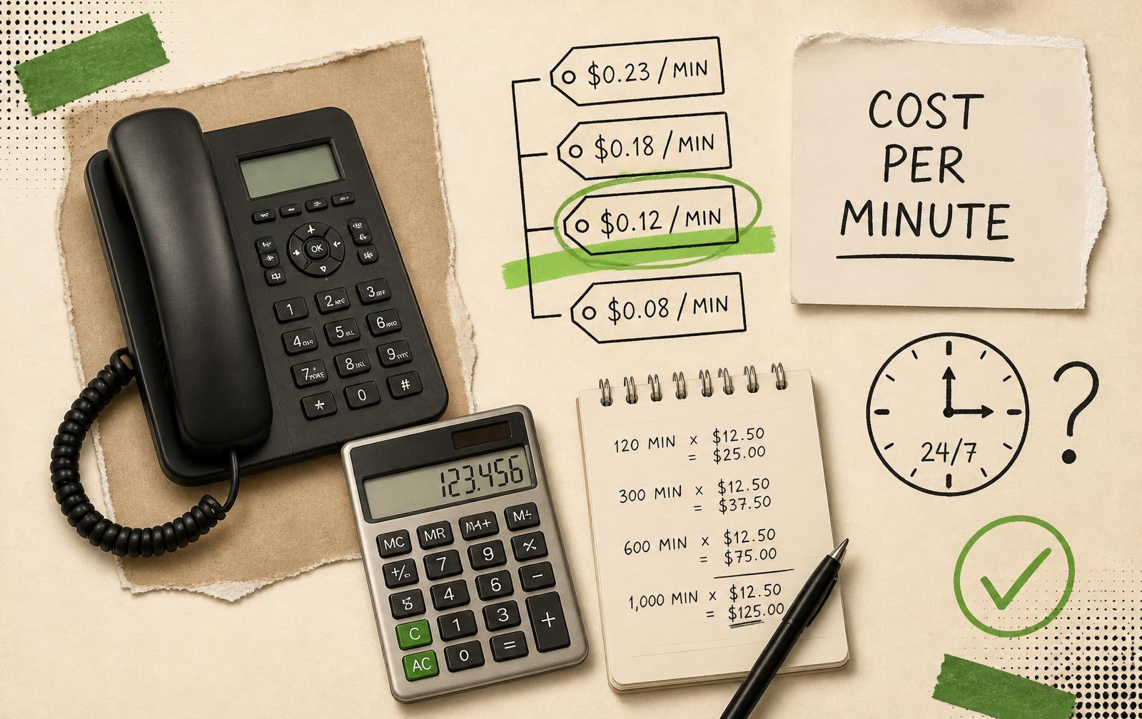 Collage of a desk phone, calculator and notepad of handwritten sums beside a sketched ladder of price tags with one circled and a note reading cost per minute