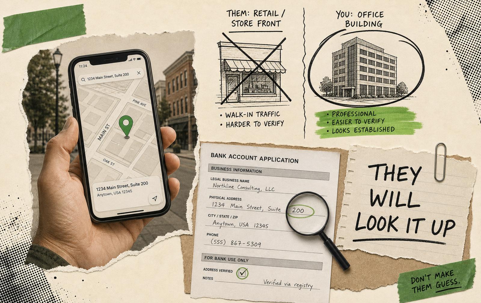 Collage of a hand holding a phone with a map pin beside a bank form, with a crossed-out storefront, a circled office building and a note reading they will look it up