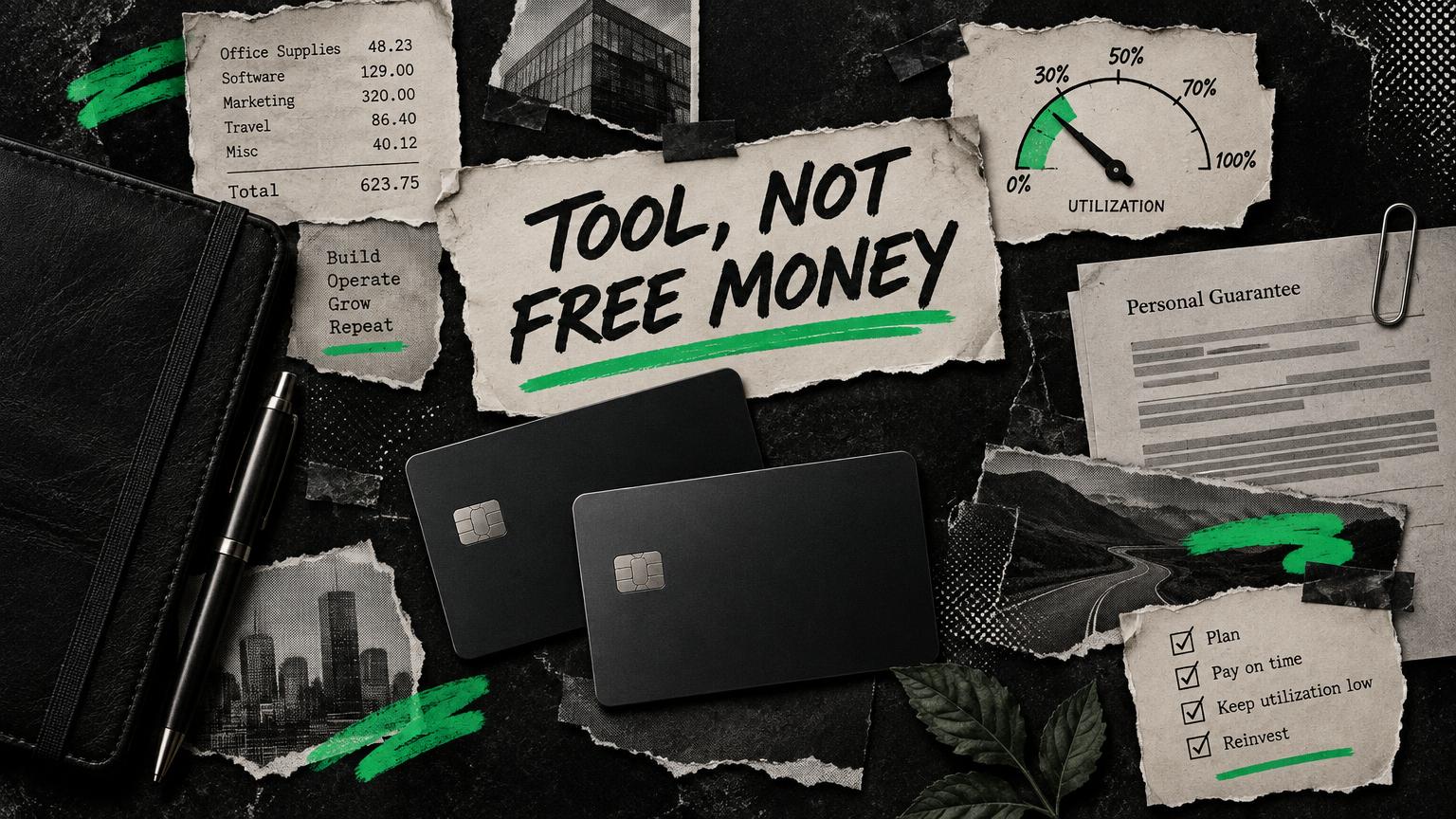Dark editorial collage of blank business credit cards, expense receipts and a credit utilization gauge