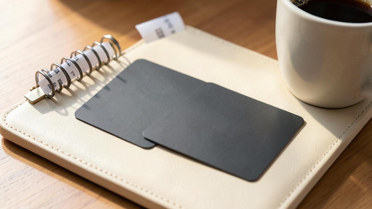 Two blank matte business credit cards resting on a cream leather notebook beside a coffee cup