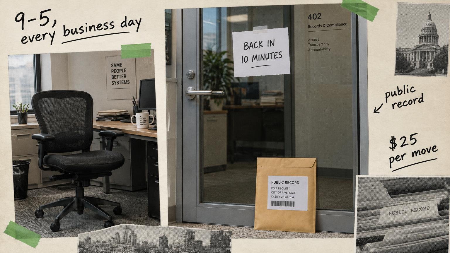 An empty office chair beside a glass door with a back in 10 minutes sign and a manila envelope propped against the door, with marker annotations reading 9 to 5 every business day, public record, and $25 per move.