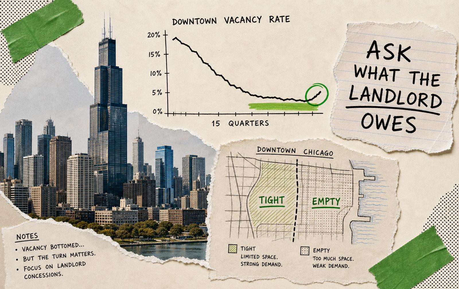 Collage of the Chicago skyline with a hand-drawn downtown vacancy graph and tenant notes