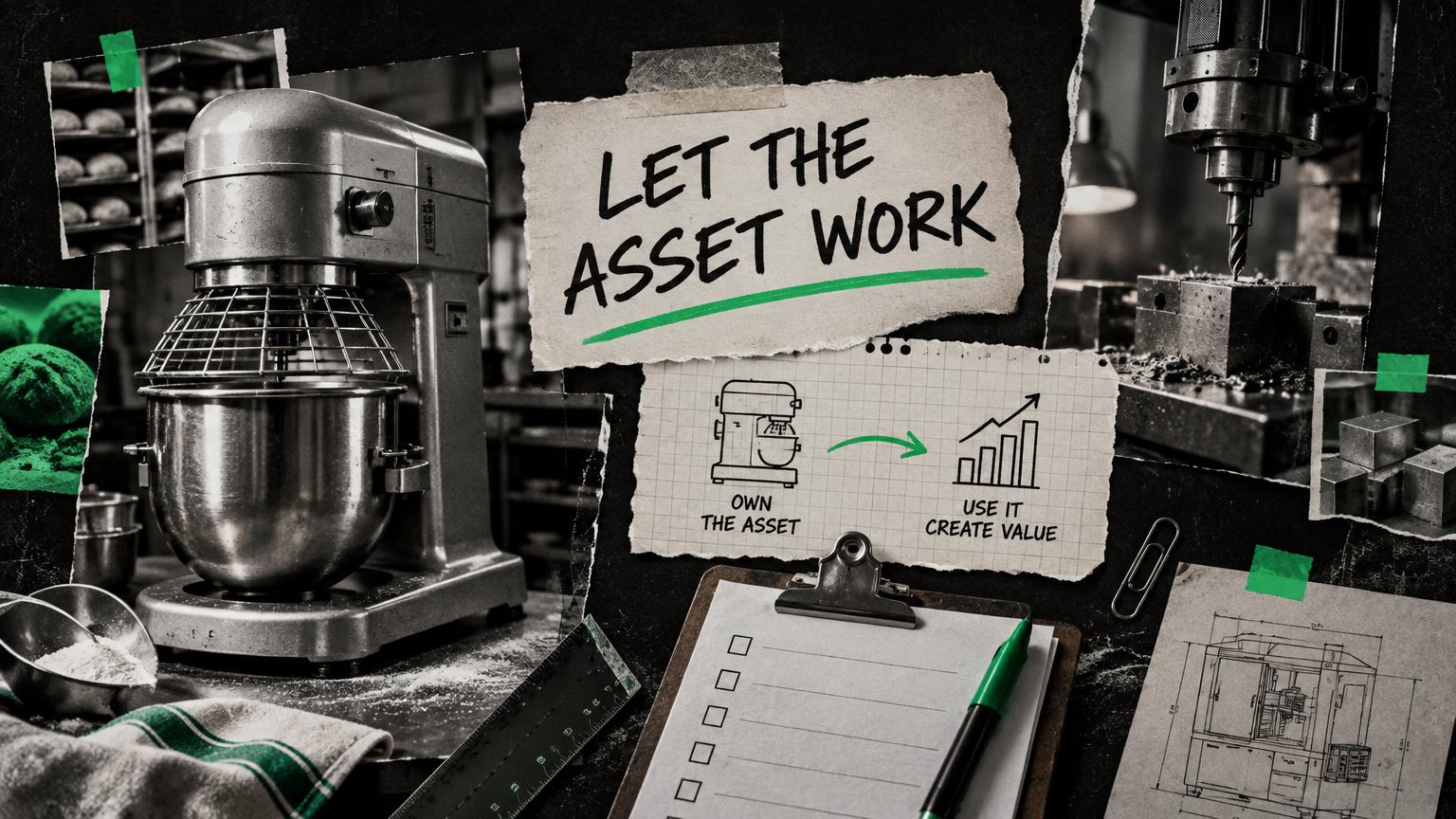 Dark editorial collage of commercial equipment, a financing checklist and an asset value diagram