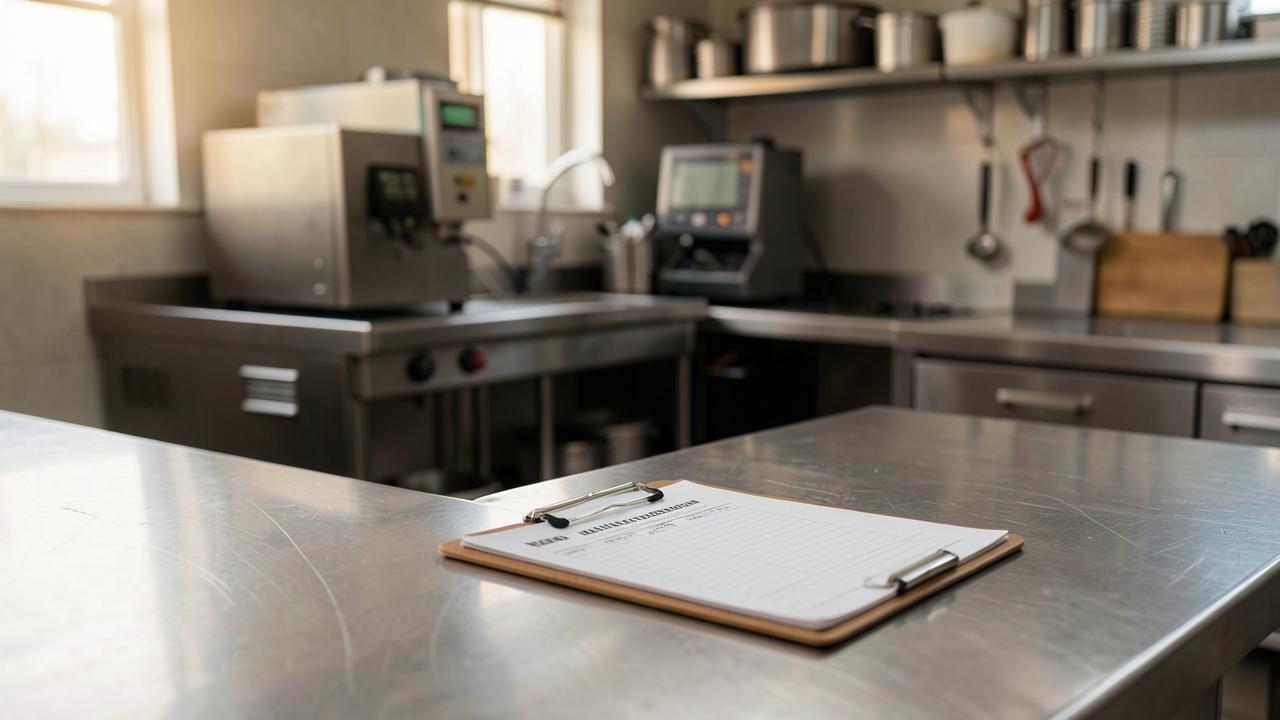 A clipboard with a financing checklist on a stainless steel counter in a small commercial kitchen with new equipment