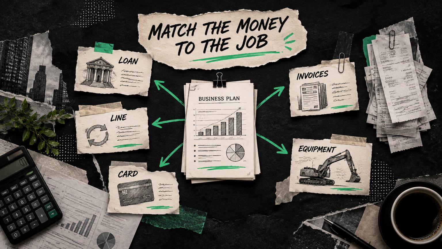 Dark editorial collage mapping loans, credit lines, cards, invoices and equipment around a business plan