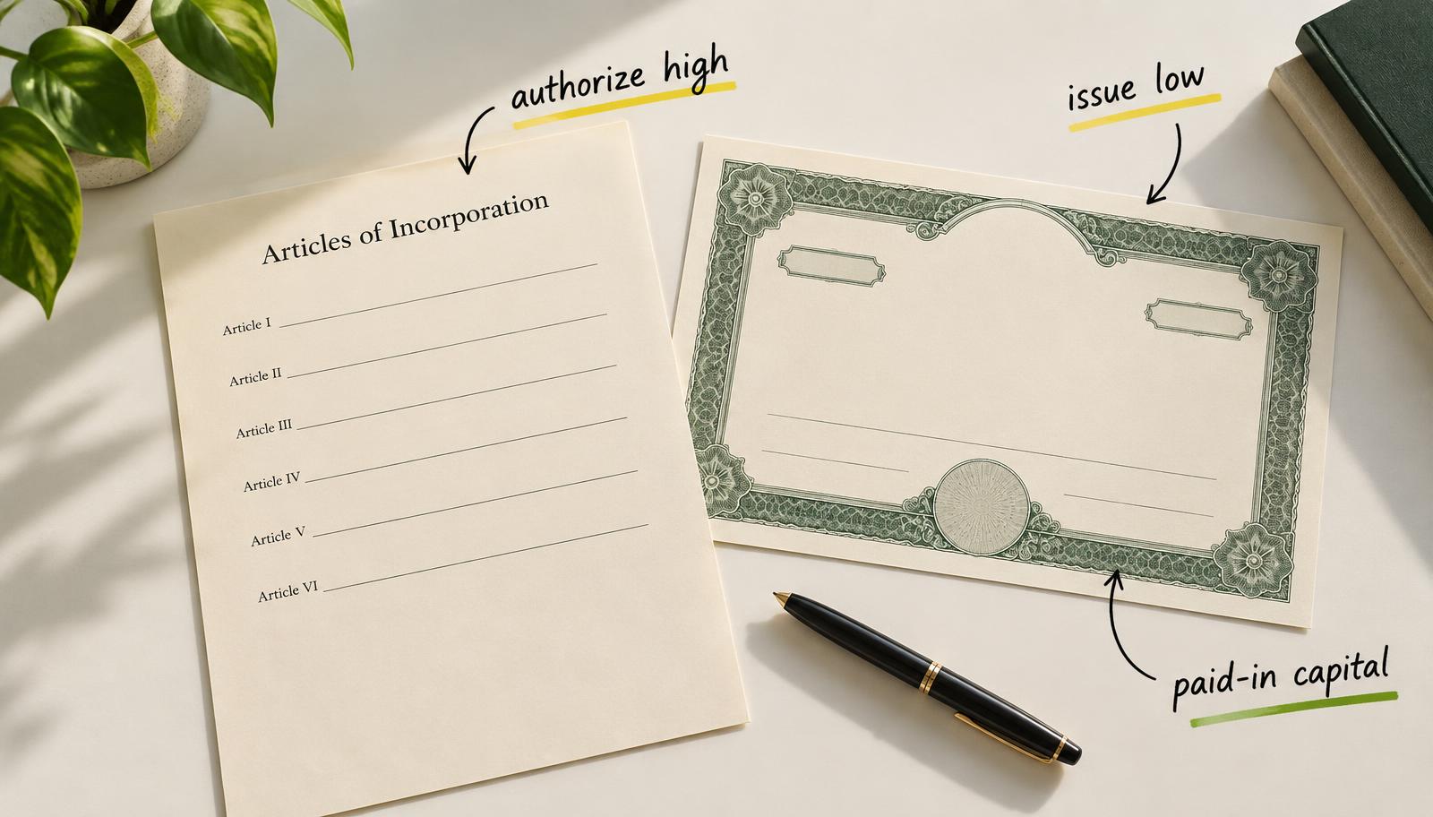 Illinois Articles of Incorporation beside a stock certificate and pen on cream paper with marker notes reading authorize high, issue low, and paid-in capital.
