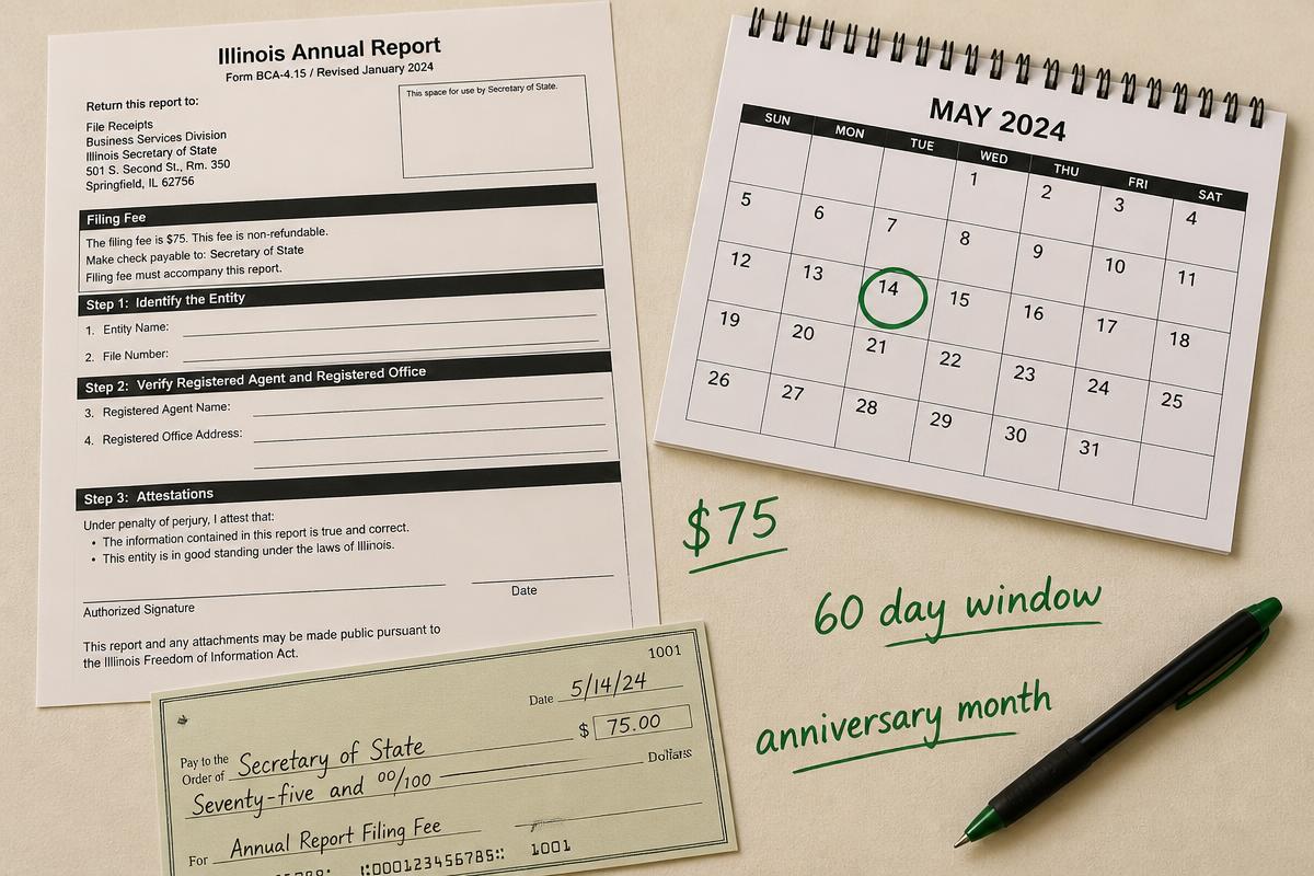 An Illinois annual report form beside a desk calendar with one date circled and a $75 check, on cream paper with marker annotations reading $75, 60 day window, and anniversary month.