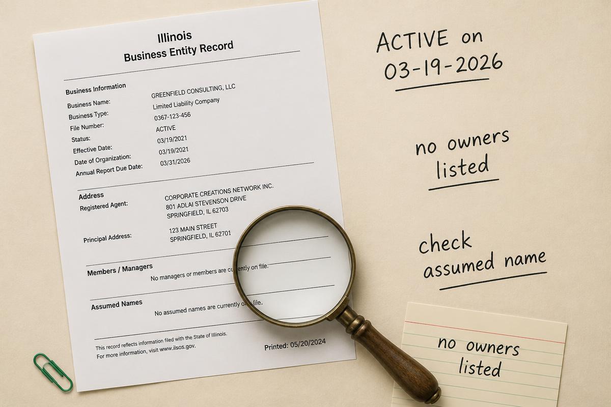 A printed Illinois business entity record under a magnifying glass on cream paper with marker annotations reading active on 03-19-2026, no owners listed, and check assumed name.