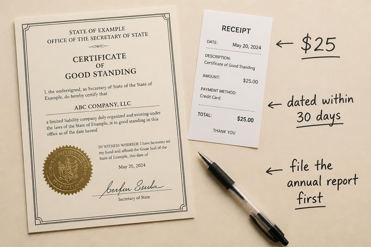 A certificate of good standing with a gold seal beside a $25 receipt and a pen on cream paper with marker annotations reading $25, dated within 30 days, and file the annual report first.