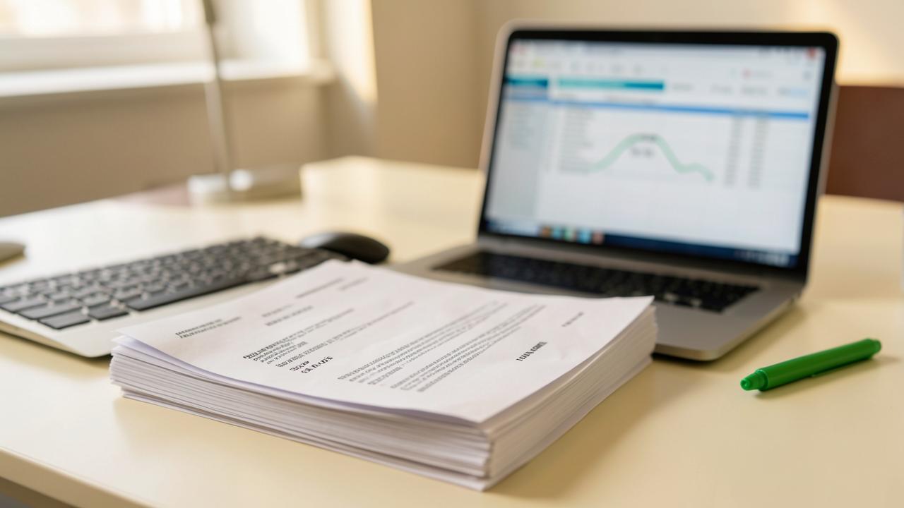 A stack of unpaid customer invoices beside a laptop showing a spreadsheet and a green marker on a cream desk