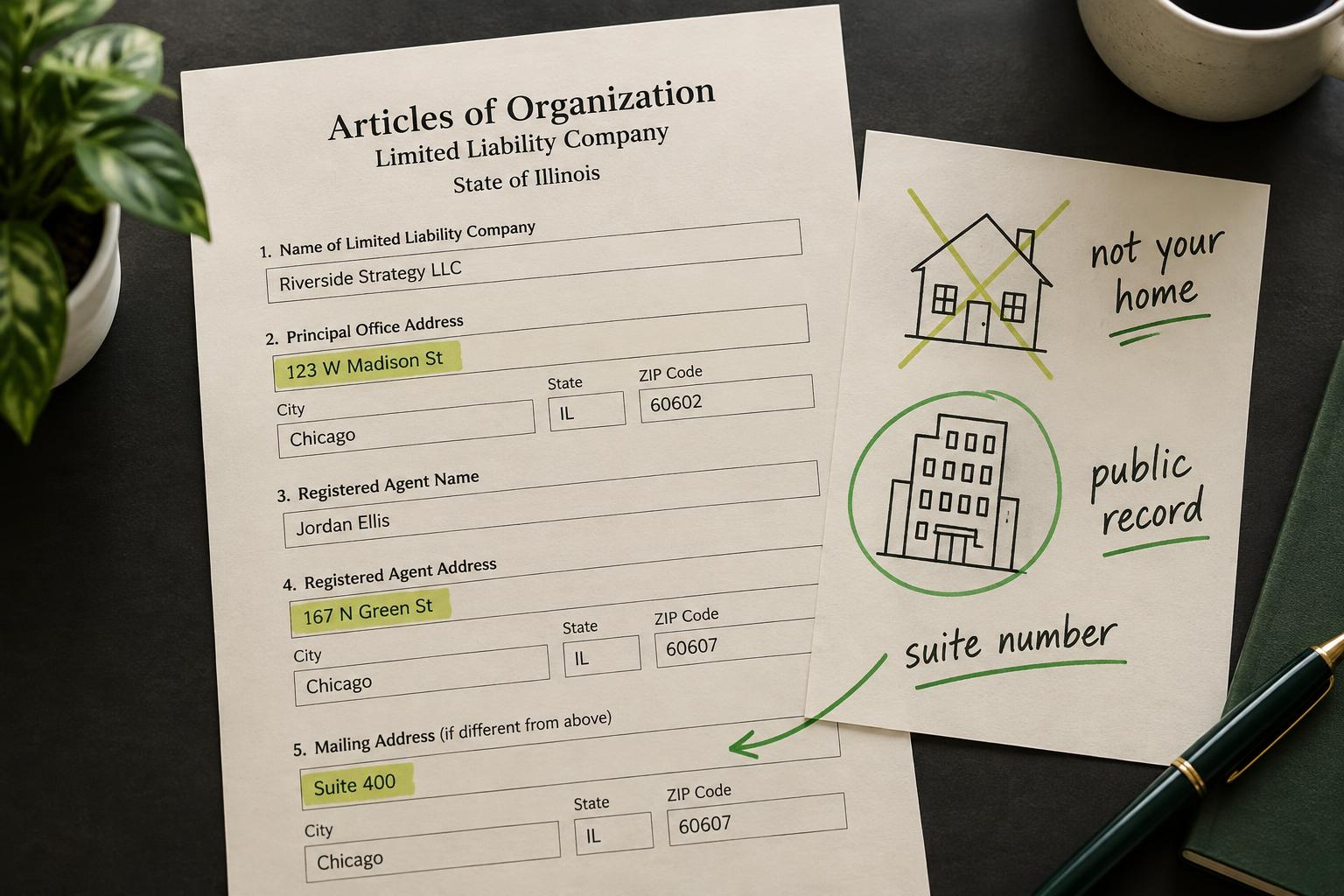 Illinois LLC address filing on cream paper with three highlighted address fields, a crossed-out house, a circled office, and notes reading public record, suite number, and not your home.