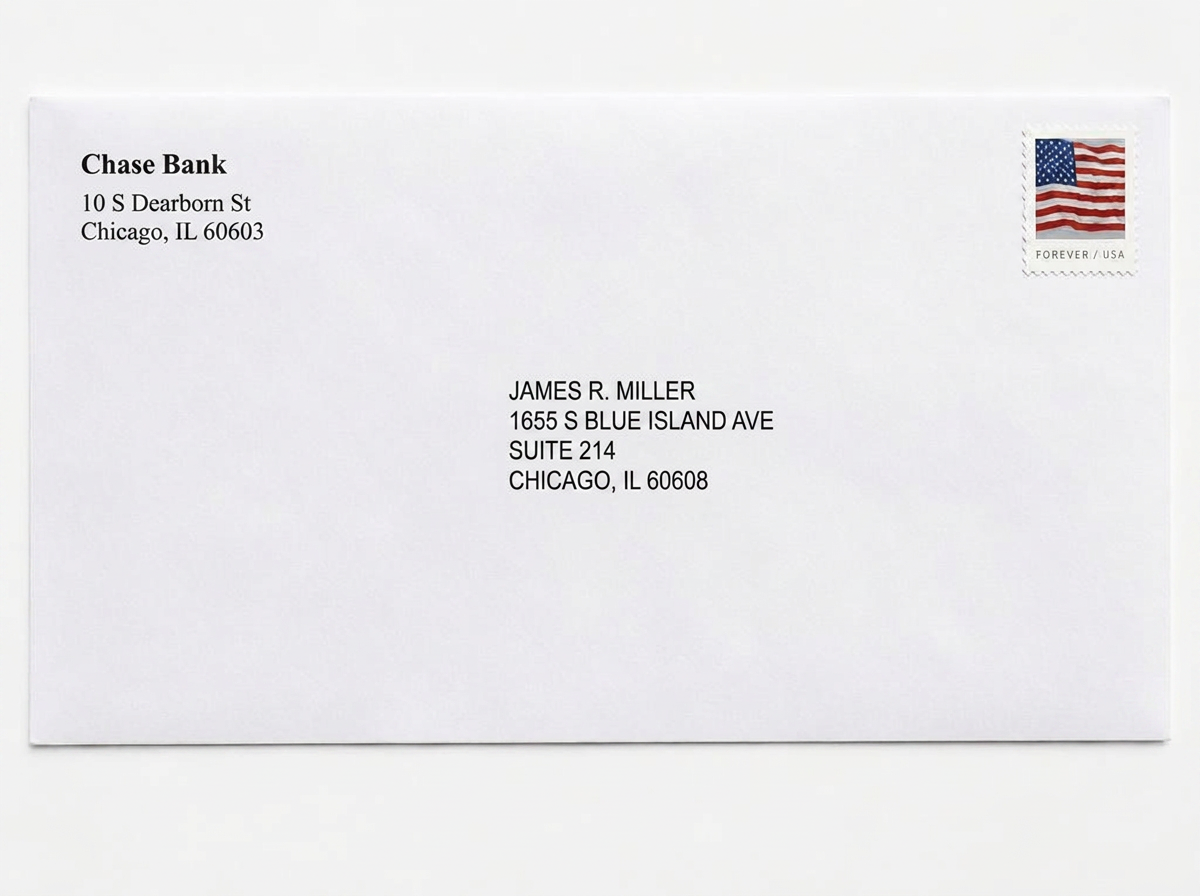 Scanned envelope from Chase Bank addressed to a Lobi Space suite