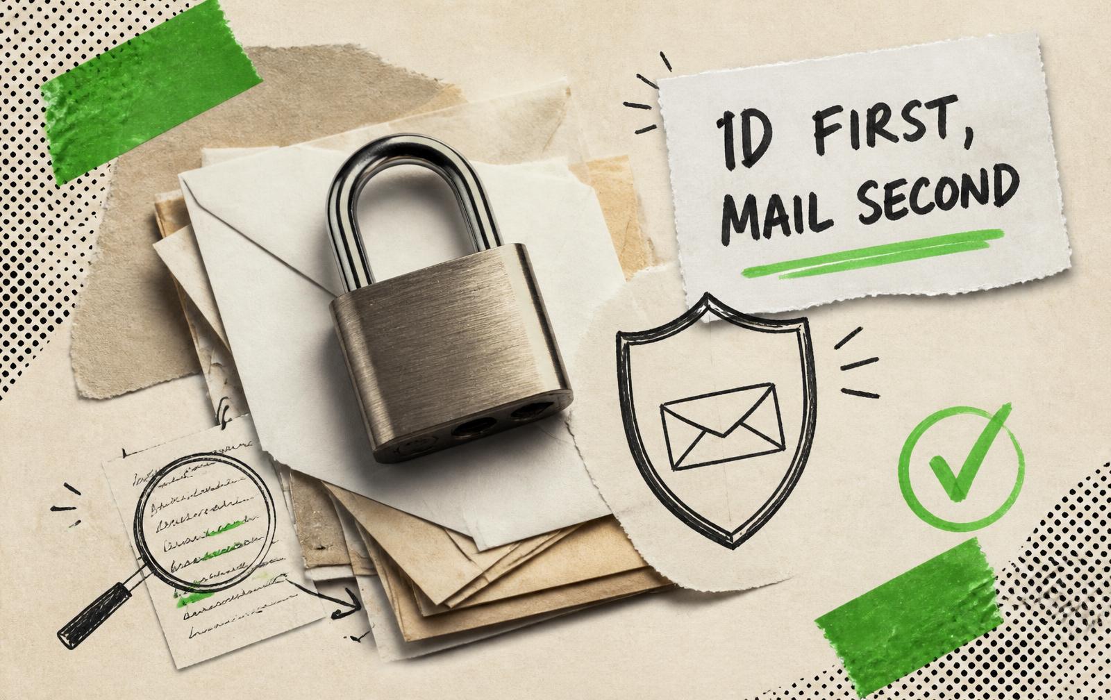 Padlock resting on a stack of envelopes with a sketched shield and a note reading ID first, mail second