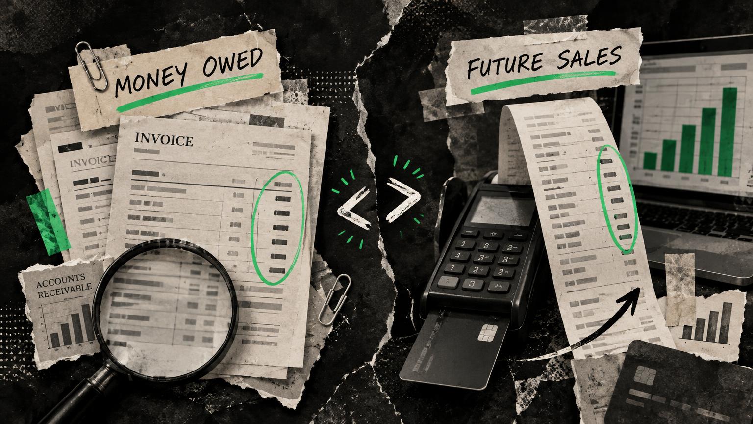 Dark split collage comparing unpaid invoices with future card sales and payment processing