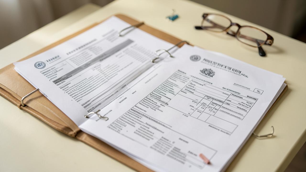 An organized folder of business financial documents and a government style application form with reading glasses on a cream desk