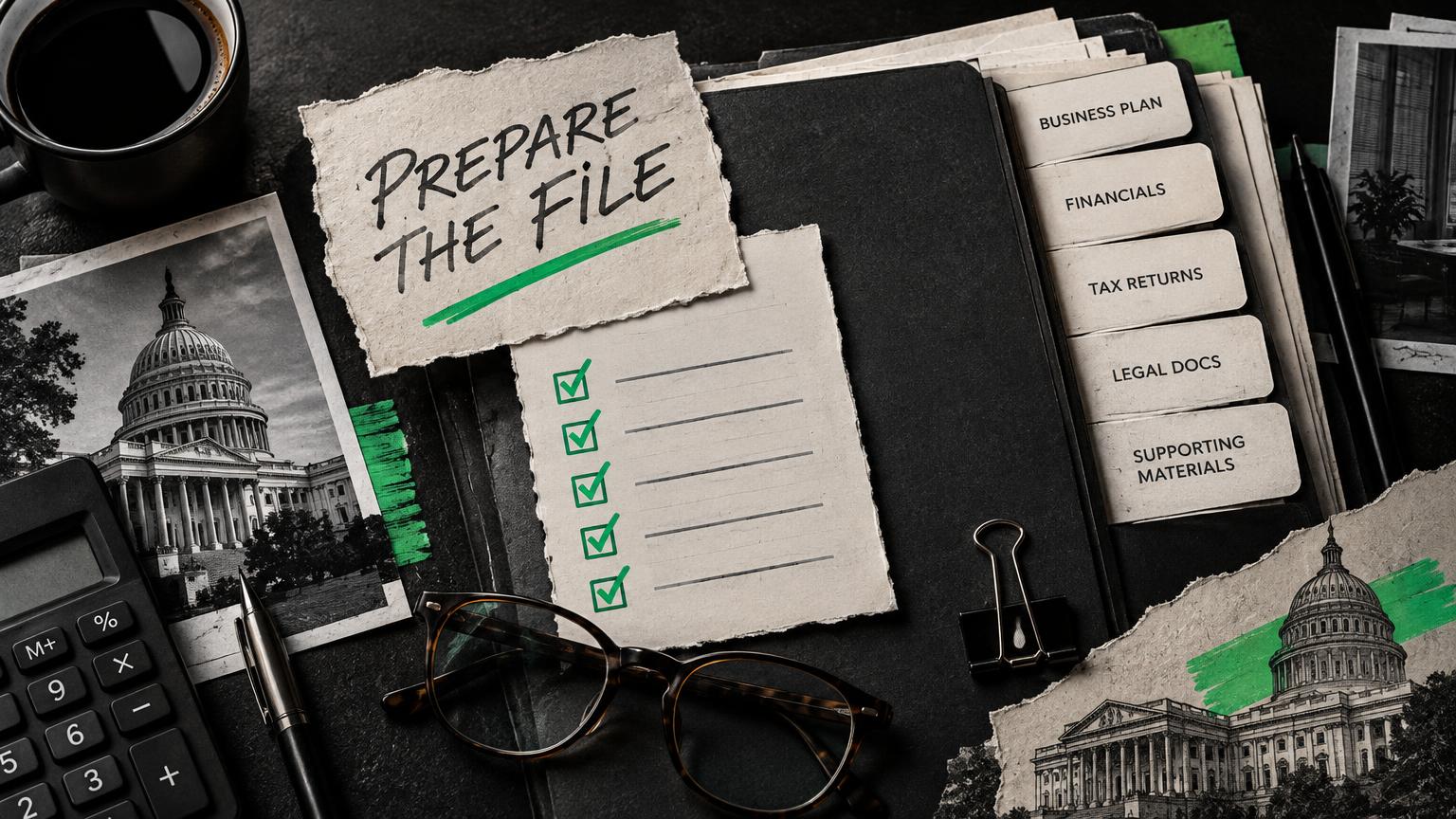 Dark editorial collage of an organized SBA application file, financial documents and preparation checklist