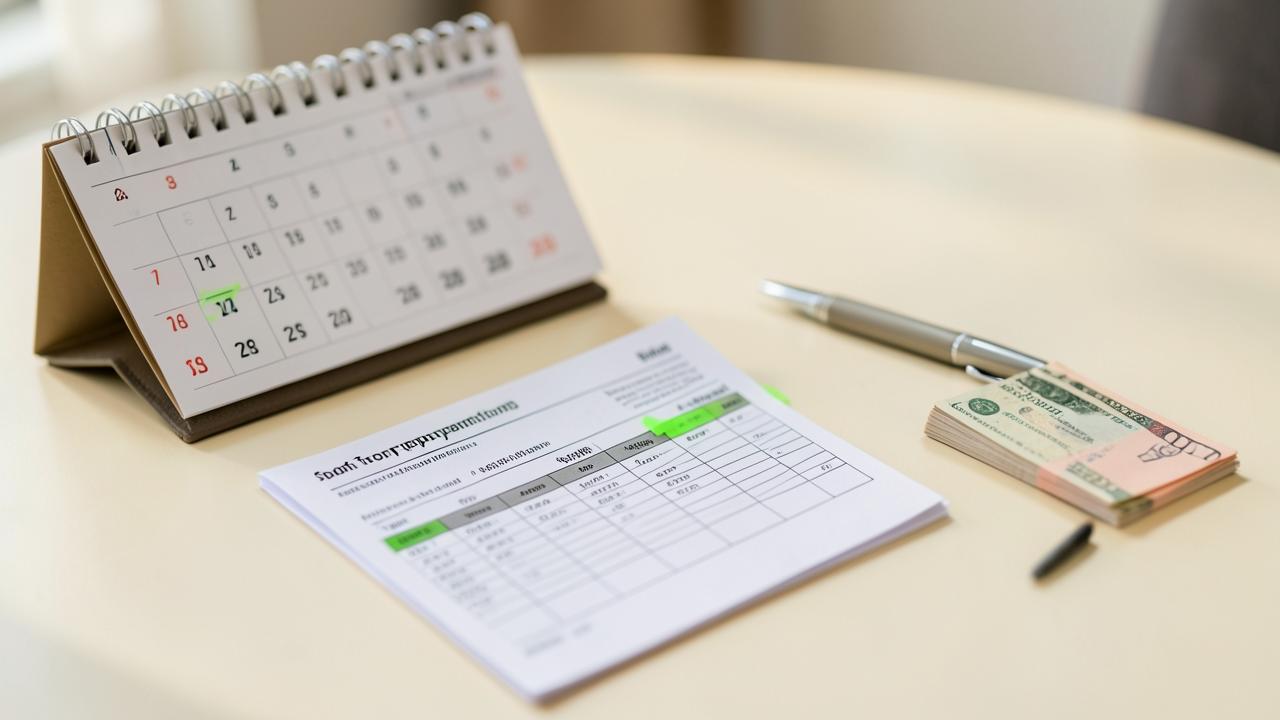A desk calendar, a repayment schedule marked with green highlighter, a pen and a stack of cash on a cream table