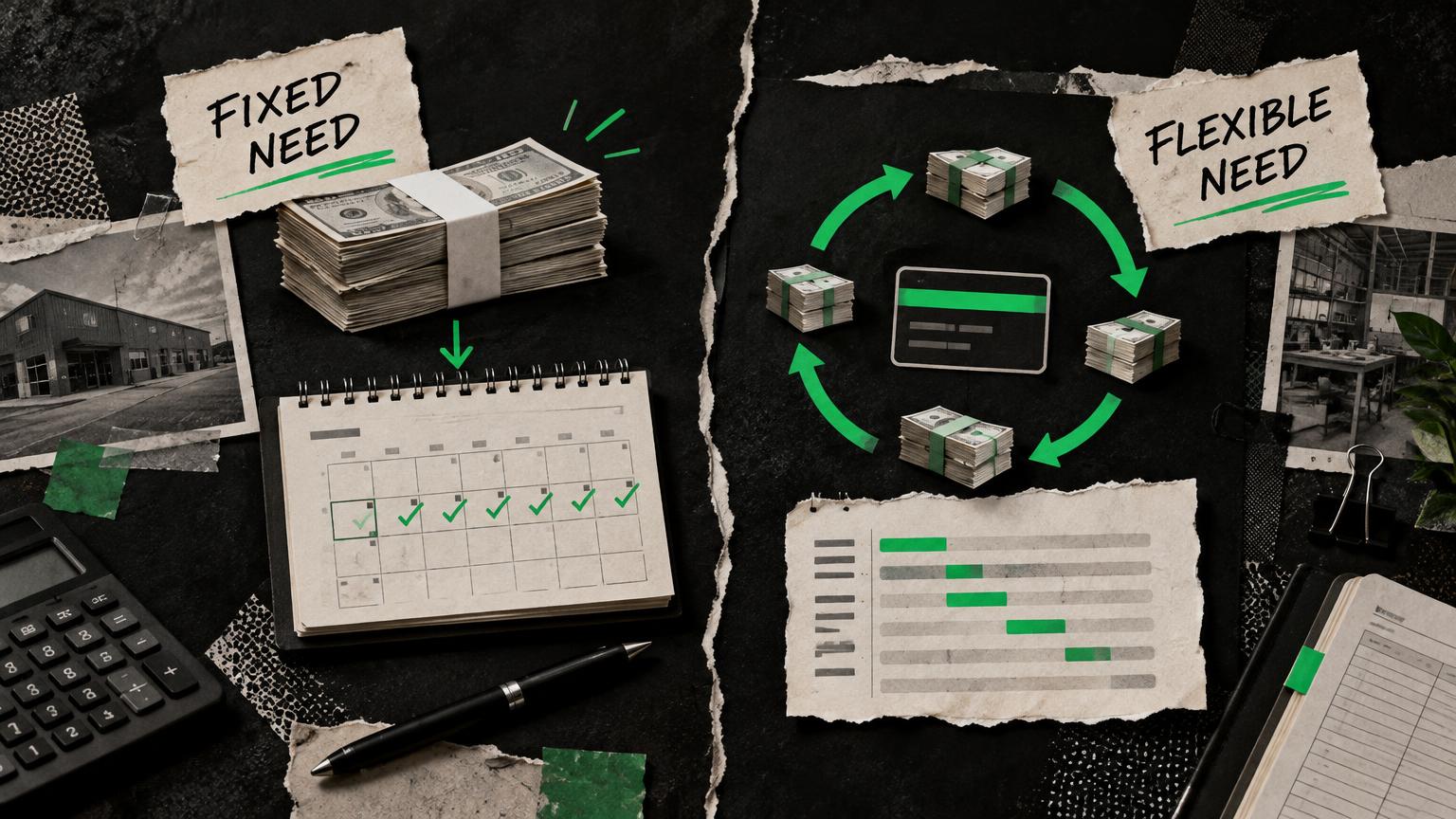Dark torn-paper collage comparing a fixed short term loan with a flexible revolving line of credit