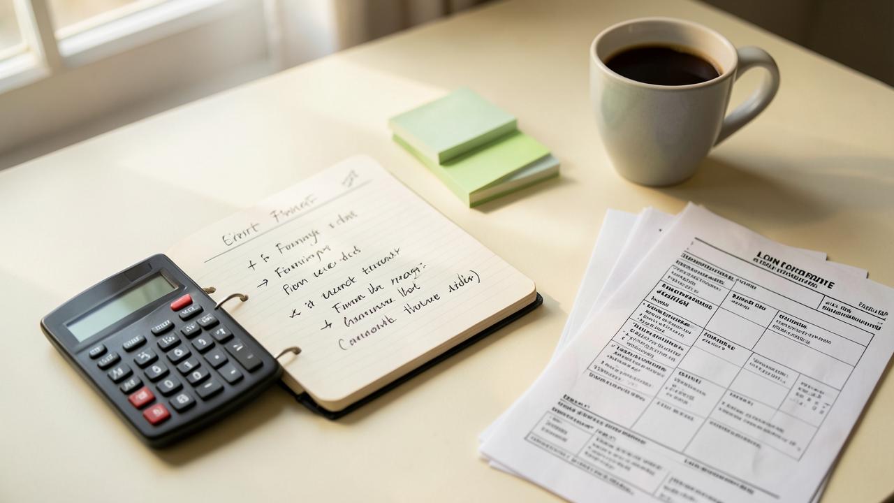 A notebook of handwritten funding notes beside a calculator, coffee cup and printed loan comparison sheets on a cream desk