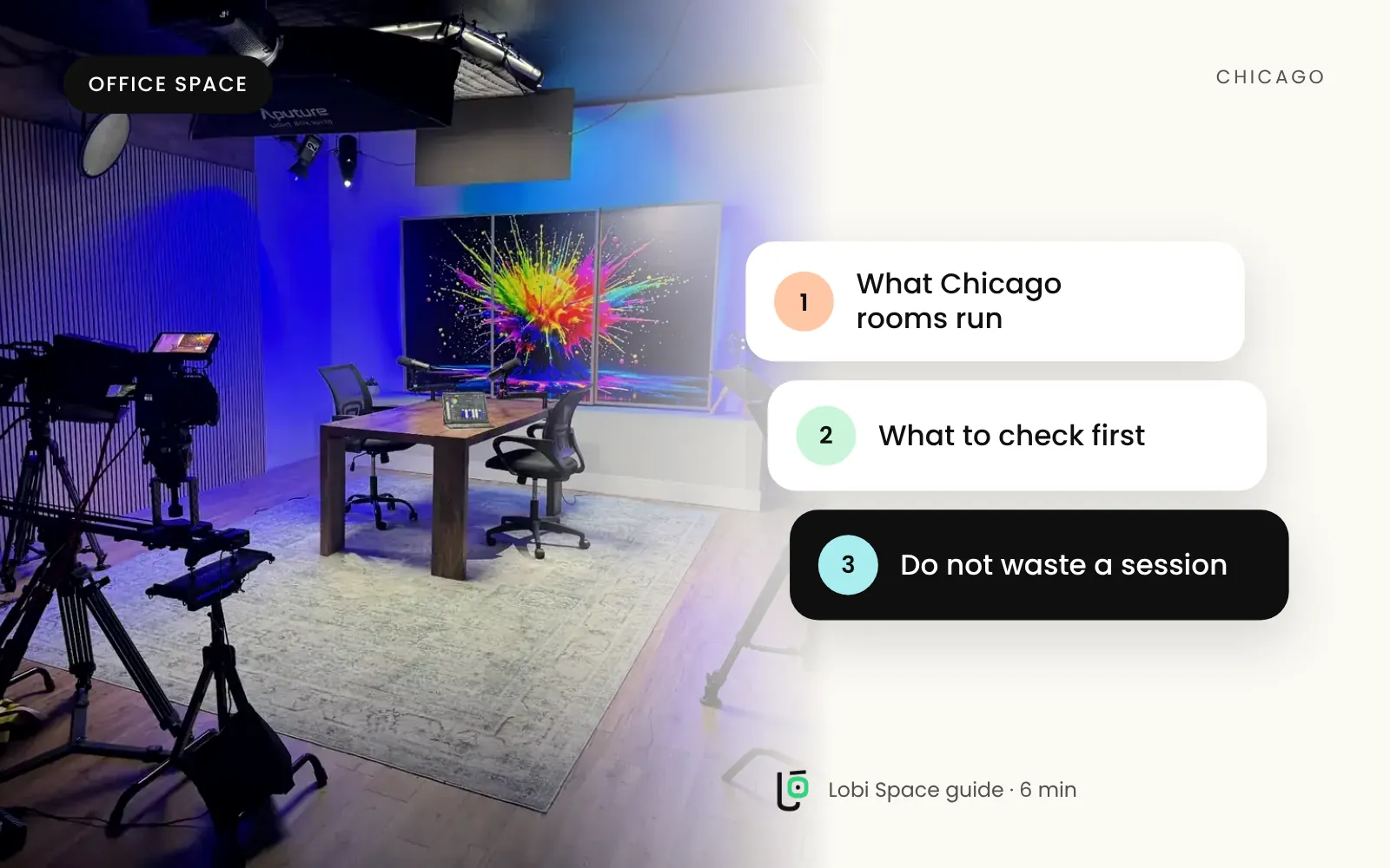 The Lobi podcast studio set, with the key points: What Chicago rooms run; What to check first; Do not waste a session.