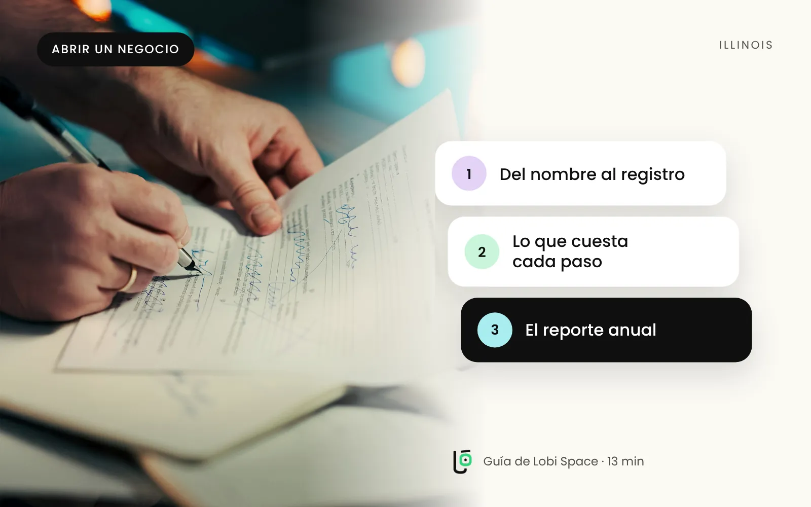 Una persona firmando un documento en un escritorio, con los puntos clave: Del nombre al registro; Lo que cuesta cada paso; El reporte anual.