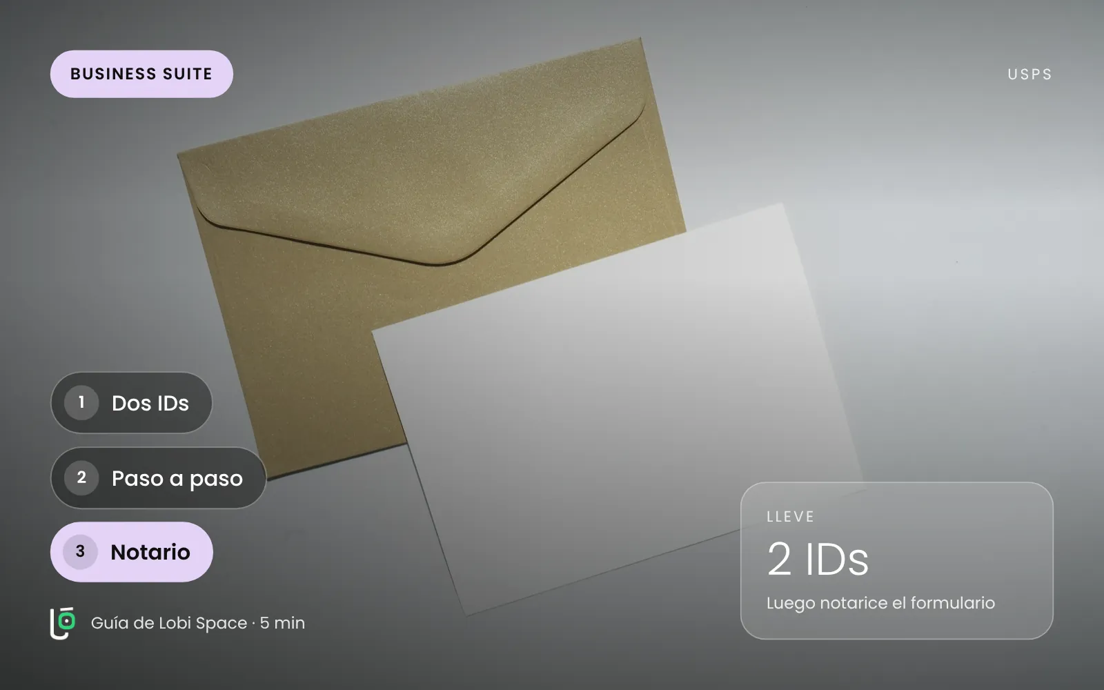 Un sobre de papel kraft y una carta, con los puntos clave: Dos IDs; Paso a paso; Notario.