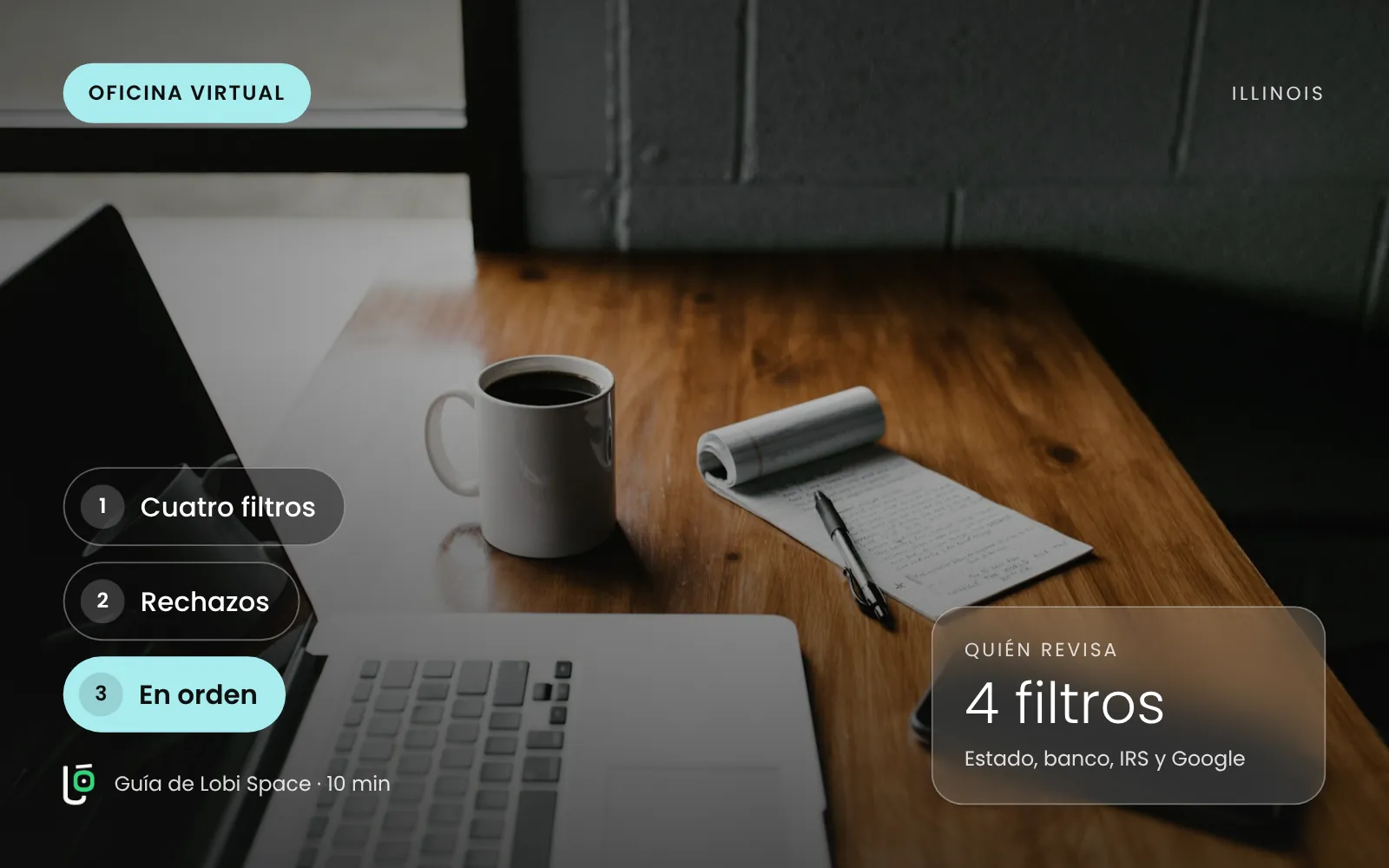 Una computadora, una taza y un teléfono en una mesa, con los puntos clave: Cuatro filtros; Rechazos; En orden.