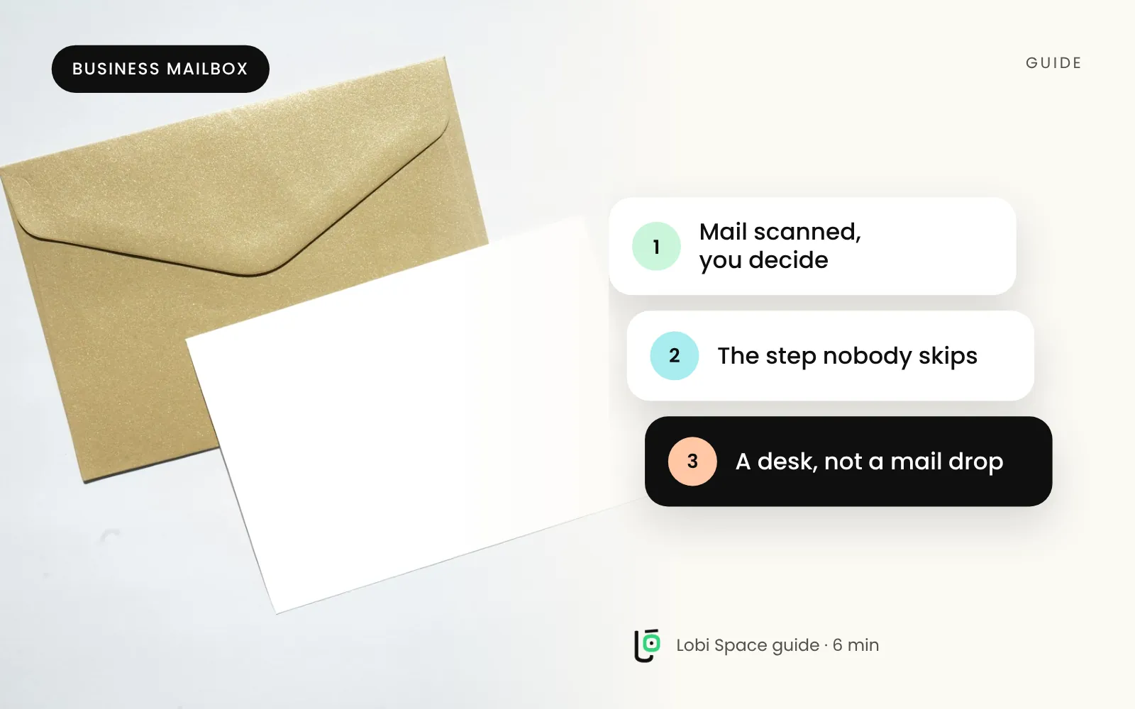 A kraft envelope and a letter, with the key points: Mail scanned, you decide; The step nobody skips; A desk, not a mail drop.