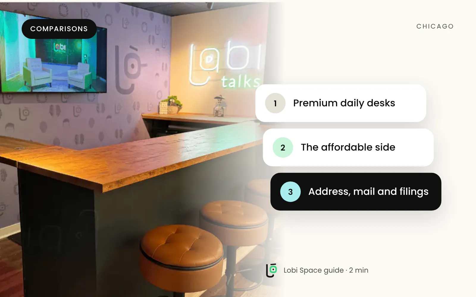 The Lobi Talks bar, with the key points: Premium daily desks; The affordable side; Address, mail and filings.