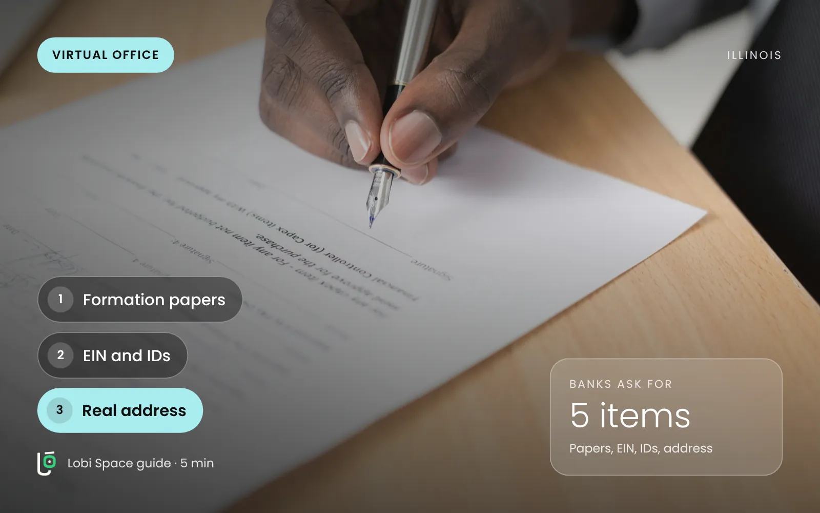 A pen filling out a printed form, with the key points: Formation papers; EIN and IDs; Real address.