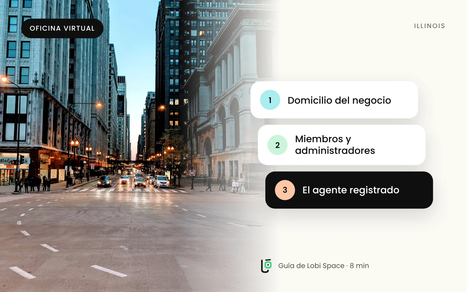 Una calle de Chicago entre edificios de oficinas, con los puntos clave: Domicilio del negocio; Miembros y administradores; El agente registrado.