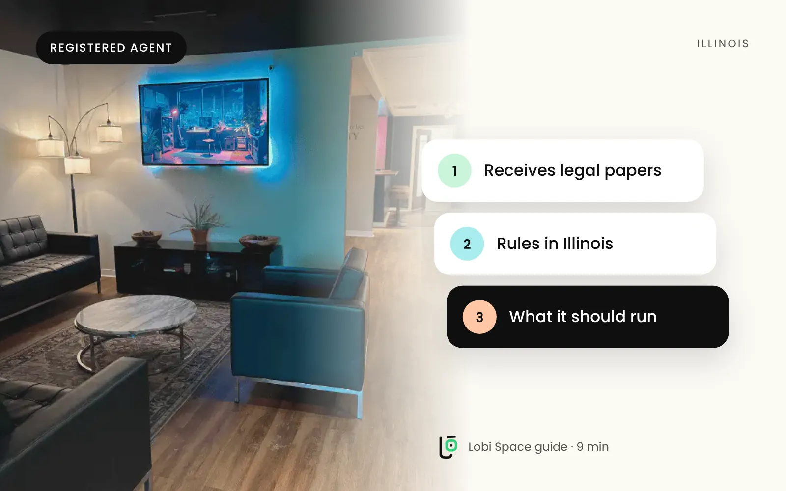 The Lobi Space lounge, with the key points: Receives legal papers; Rules in Illinois; What it should run.
