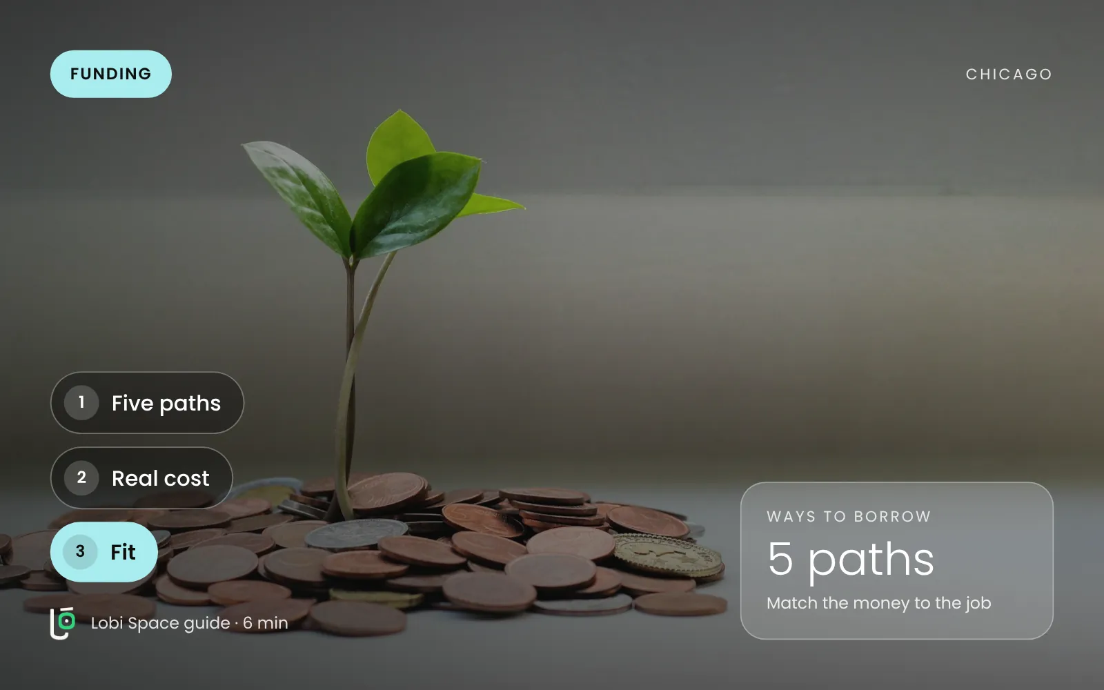 A seedling growing from a pile of coins, with the key points: Five paths; Real cost; Fit.